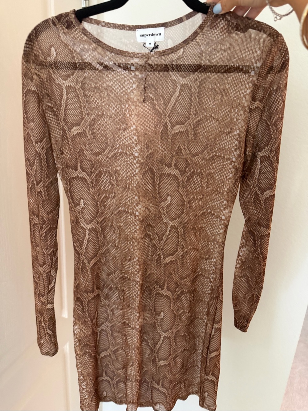 superdown Brown Snake-Print Sheer Long-Sleeve Top